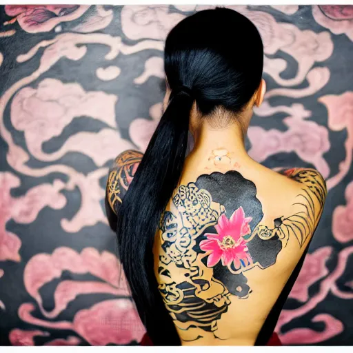 Image similar to photography of the back of a woman with a black detailed irezumi tatto representing a gold tiger with pink flowers on her entire back, dark hangar background, mid-shot, editorial photography