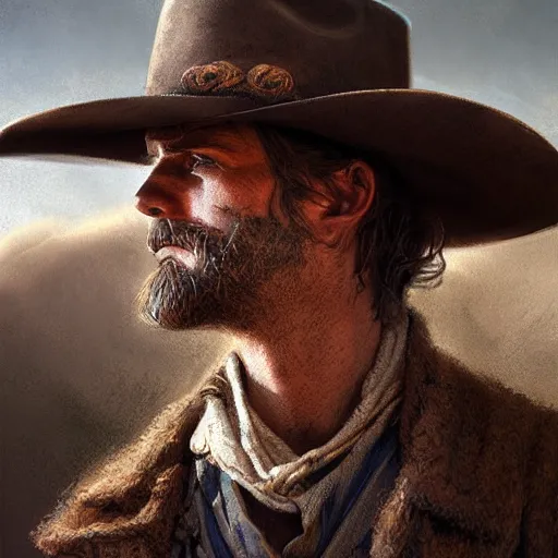 Image similar to portrait of a cowboy in the old west, sharp focus, intricate, elegant, digital painting, artstation, matte, highly detailed, concept art, illustration, volumetric lighting, art by greg olsen and liz lemon swindle