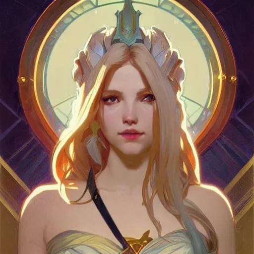 Image similar to portrait of lux from league of legends, art by alphonse mucha and greg rutkowski