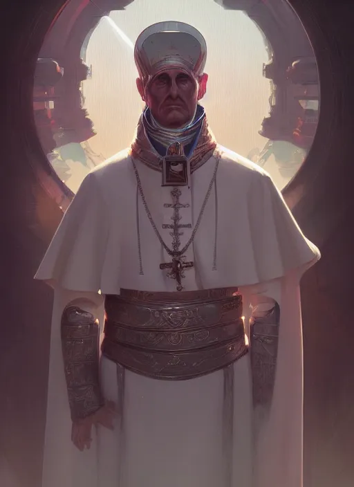 Image similar to The Futuristic Pope, extremely detailed digital painting, in the style of Fenghua Zhong and Ruan Jia and jeremy lipking and Peter Mohrbacher, mystical colors, rim light, beautiful Lighting, 8k, stunning scene, raytracing, octane, trending on artstation