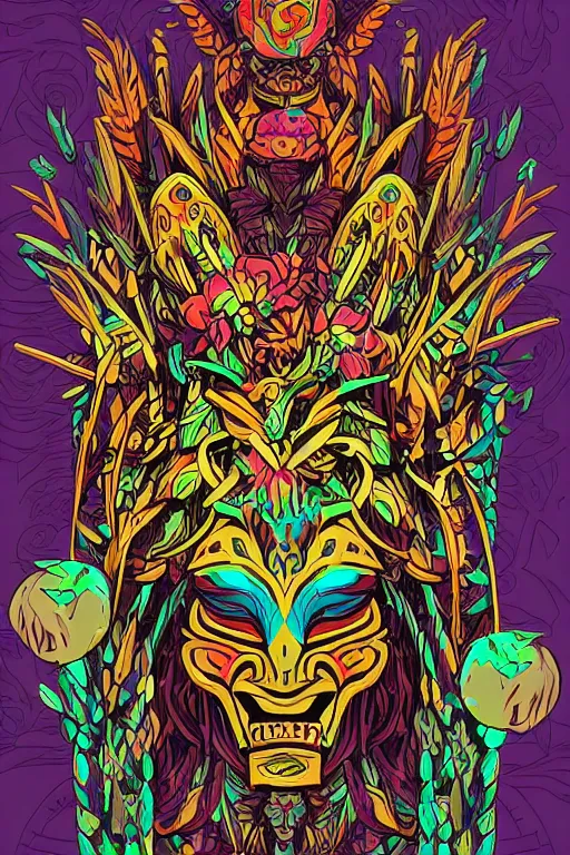 Image similar to animal mask totem roots flower tribal feather gemstone plant wood rock shaman vodoo video game vector cutout illustration vivid multicolor borderlands comics by josan gonzales and dan mumford radiating a glowing aura