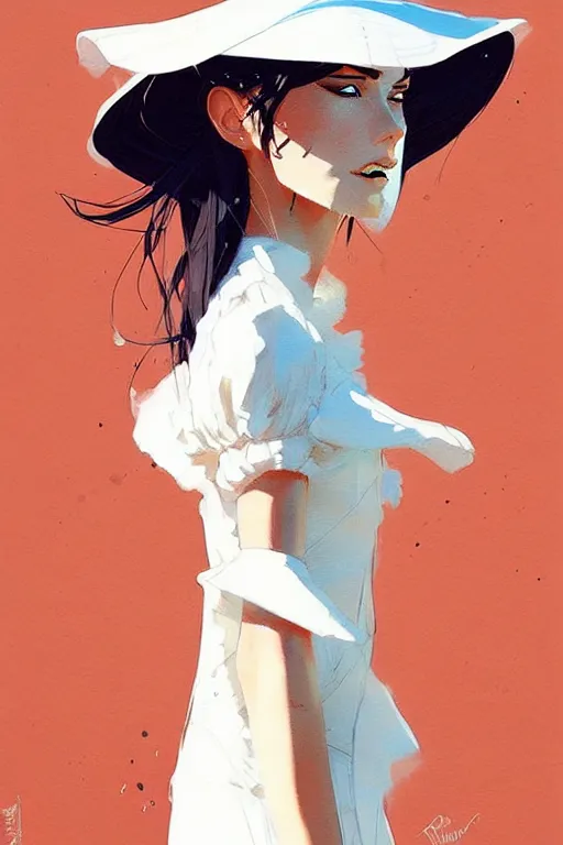 Image similar to a ultradetailed beautiful painting of a stylish woman wearing a white dress with a sun hat, by conrad roset, greg rutkowski and makoto shinkai trending on artstation