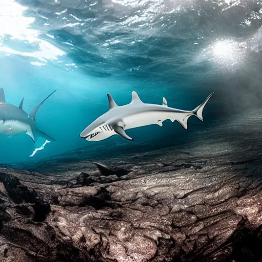 Prompt: a shark made of glass leaping out of a river of lava