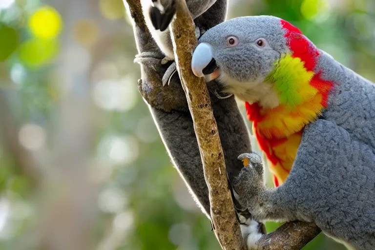 Image similar to award winning nature photograph of a parrot's beak on a cuddly koala in a tree. the koala is eating a eucalyptus leaf. focus on the beak. extreme detail, hyperrealistic photo, smooth, trending on artstation