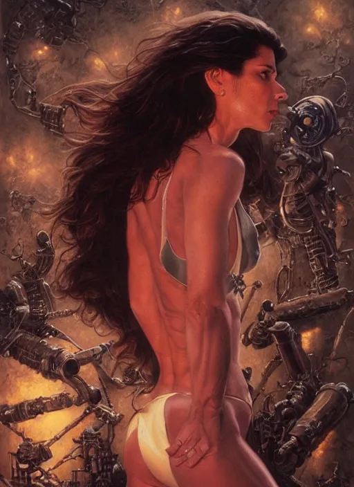 Image similar to Sandra Bullock (1990) as a muscled heroine staring into the camera, torch shadows, foggy night, intricate, elegant, highly detailed, Donato Giancola, Joseph Christian Leyendecker, WLOP, Boris Vallejo, Artgerm