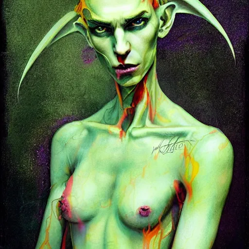 Prompt: a Demon Slayer portrait of Jamie Savile, tall, pale-skinned, slender with lime green eyes and long eyelashes by Stanley Artgerm, Tom Bagshaw, Arthur Adams, Carne Griffiths, trending on Deviant Art, street art, face enhance, chillwave, maximalist, full of color, glittering