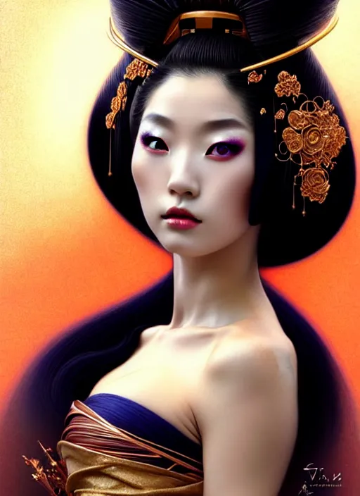 Image similar to Japanese geisha, glamorous moon, seductive eyes and face, elegant, lascivious pose, very detailed face, studio lighting, photorealism, wearing futuristic armor , portrait by Magali Villeneuve and Steve Argyle,Livia Prima,Mucha,dress,fantasy art,beautiful,artstation,trending on artstation,intricate details,alluring,masterpiece