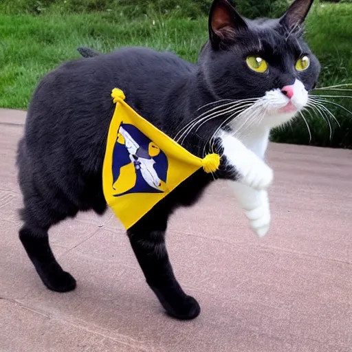 Image similar to a small warrior tuxedo cat carrying his battle flag while riding a large striped cat steed that is galloping into battle