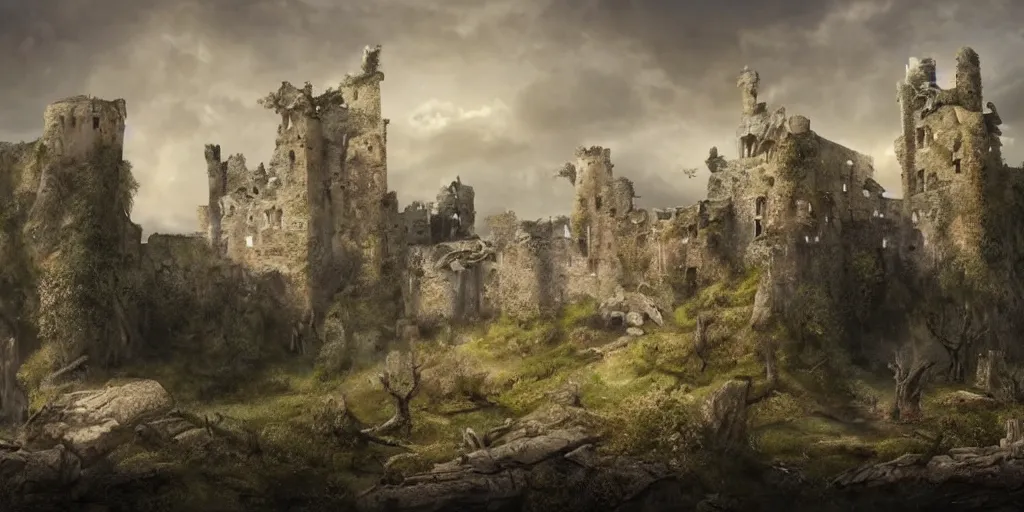 Prompt: matte painting, castle, dramatic landscape, ruins