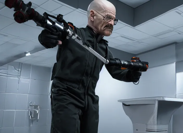 Image similar to film still of Walter White as Gordan Freeman wearing Black Mesa Jumpsuit holding a gravity gun in the Half Life Movie, 4k