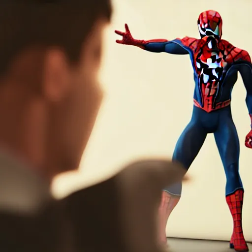 Prompt: still photo of spider - man in a suit, highly detailed, photorealistic portrait, bright studio setting, studio lighting, crisp quality and light reflections, unreal engine 5 quality render