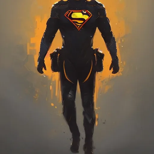 Image similar to portrait of a superhero by greg rutkowski, he looks like miles teller, he is wearing a black, orange and yellow kevlar gear, highly detailed portrait, digital painting, artstation, concept art, smooth, sharp foccus ilustration, artstation hq