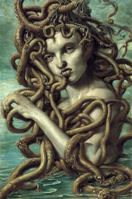 Prompt: Baroque painting of Medusa in a lake, inspired by Gustav Moreau and Wayne Barlowe, exquisite detail, hyper realism, ornate, exquisite detail, cute face