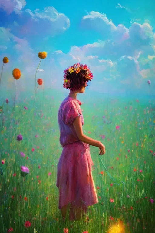 Image similar to closeup, giant flower head, girl standing in a field of flowers, surreal photography, sunrise, blue sky, dramatic light, impressionist painting, digital painting, artstation, simon stalenhag