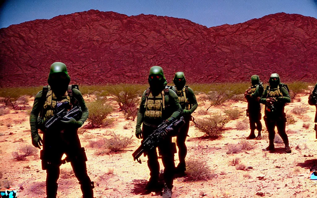 Image similar to a team of five people in dark green tactical gear like death stranding and masks, red mesas behind them, look at a desert oasis in the distance. They 're afraid. dusty, red, mid day, heat shimmering, 35mm film