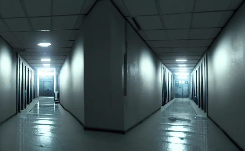 Prompt: screenshot of a first person shooter game on unreal engine 5, narrow modern hallways of a government office facility with white dry wall, female hands painted nails holding shotgun, photorealistic, retrofuturism, concept art, trending on artstation