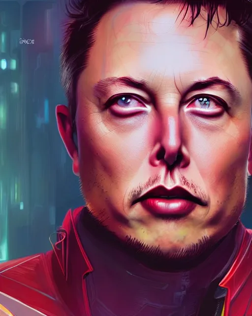 Prompt: a stunning close - up portrait of elon musk as the high lord of cyberpunk, digital art by ross tran and angel ganev, highly detailed, trending on artstationhq