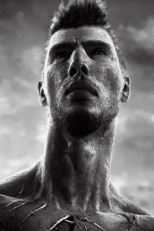 Image similar to a single muscular man wearing torn clothes, looking to the right, profile picture, hyperrealistic, concept art, octane render, unreal engine 5, trending on artstation, high quality, highly detailed, 8 k, dramatic lighting, cinematic, high coherence, anatomically correct, five fingers, digital art, seductive, black and white