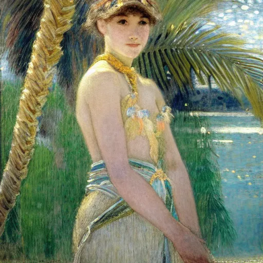 Image similar to a ultradetailed beautiful painting of a girl in the amazonas palace designed by jules bastien - lepage, hans belmer, frank weston and gustave baumann, beach, trending on artstation, mediterranean, palm trees, light sparkles, sharp focus, soft light, 8 k 4 k