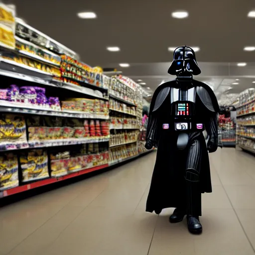 Prompt: A still of a Darth Vader shopping for groceries, 4k, photograph, photoreal, ultra realistic, highly detailed, professional lighting