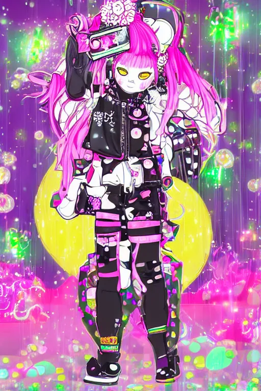 Prompt: cybergoth decora glitchcore yokai girl, sanrio ornaments, pastel cute cinematography | neo hong kong, rainy atmosphere, night time, bright lights, colorful signs, busy streets, high res, kowloon | old ancient chinese website full of spam. internet explorer window is glitching out. mum wtf