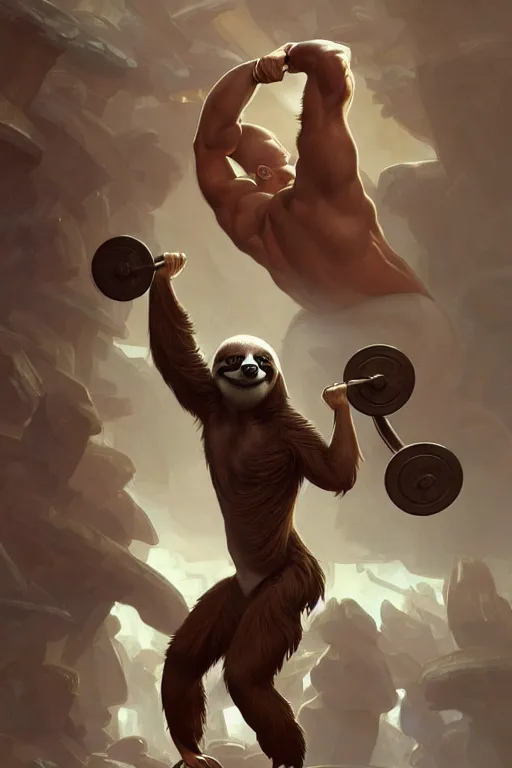 Image similar to anthro sloth lifting weights, dim dingy gym, dynamic pose, fantasy, intricate, elegant, highly detailed, digital painting, artstation, concept art, matte, sharp focus, illustration, art by artgerm and greg rutkowski and alphonse mucha