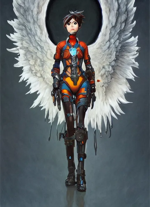 Image similar to full body artwork of tracer overwatch wearing leather collar in style of zdzisław beksinski, angel wings, dramatic painting, symmetrical composition, wearing detailed leather collar, black shiny armor, chains, black harness, detailed face and eyes,