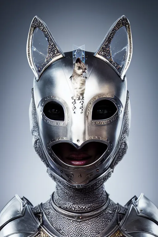 Image similar to female knight wearing a real cat on her head, armor designed by wayne barlowe, swarovski and tiffany, blonde hair, symmetry, sci - fi, cinematic, elegant, luxury, perfect light, perfect composition, dlsr photography, sharp focus, dark fantasy, 4 k, ultra hd, sense of awe, highly detailed, realistic, intricate