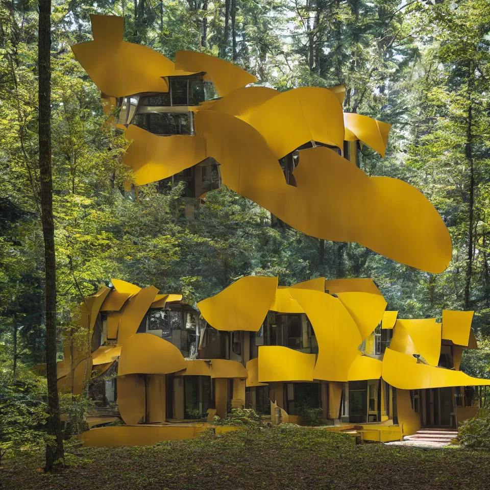 Image similar to architecture ad for a flat mid-century modern house in the forest, designed by Frank Gehry. Film grain, cinematic, yellow hue