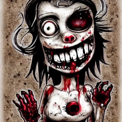 Prompt: grunge drawing of a cartoon disfigured dog with blood coming out of big eyes and a wide smile by mrrevenge, corpse bride style, horror themed, detailed, elegant, intricate