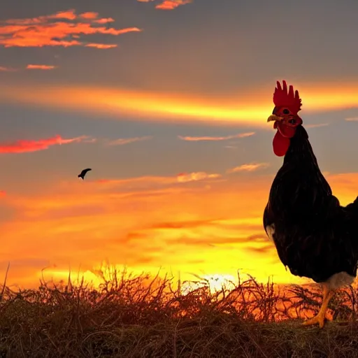 Prompt: chicken flying into a sunset