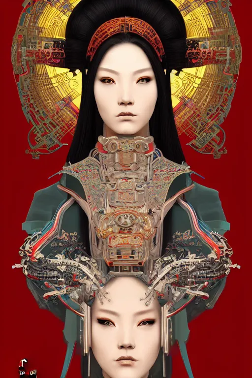 Prompt: portrait of a cyberpunk machine, machine face, upper half portrait, decorated with chinese opera motifs, asian, fine china, traditional chinese art, intricate, elegant, highly detailed, symmetry, headpiece, digital painting, artstation, concept art, smooth, sharp focus, illustration, art by artgerm and greg rutkowski and alphonse mucha, 8 k