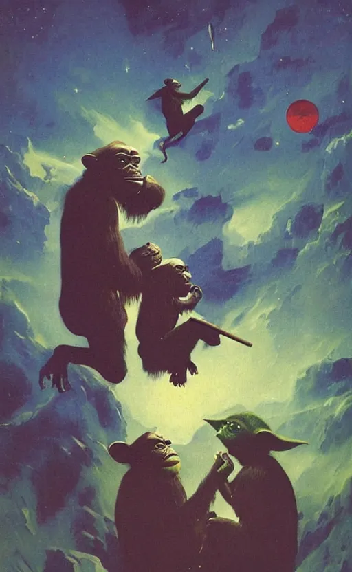 Prompt: chimpanse war in space fighting yoda ,Edward Hopper and James Gilleard, Zdzislaw Beksinski highly detailed