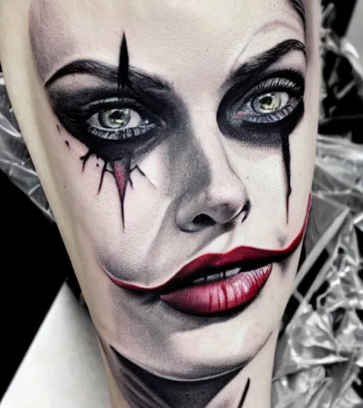 Image similar to tattoo design sketch of beautiful margot robbie portrait with joker makeup, in the style of den yakovlev, realistic face, black and white, realism tattoo, hyper realistic, highly detailed