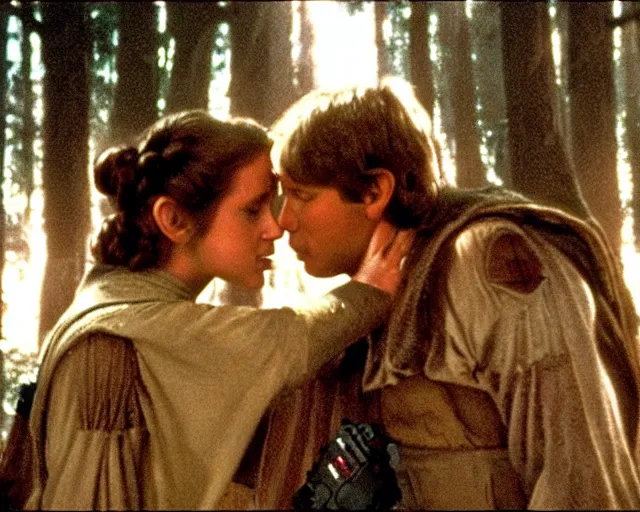 Image similar to luke skywalker, princess leia and han solo hugging and kissing in the forest of endor at the end of return of the jedi