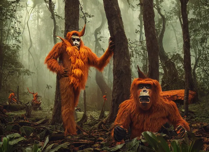 Prompt: a few safety cones in a beautiful strange forest, a man in a hairy gorrilla costume sri lankan yakka mahasohna devil beast in a mask stands in the center distance, cinematic painting by james jean, atomspheric lighting, moody lighting, dappled light, detailed, digital art, limited color palette, wes anderson, artstation, 2 4 mm lens, surreal