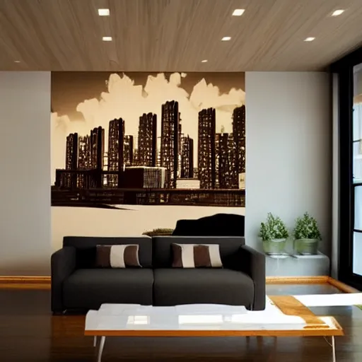 Prompt: mural on the wall of a modern loft, beautiful architecture, popular interior design style, cinematic lighting