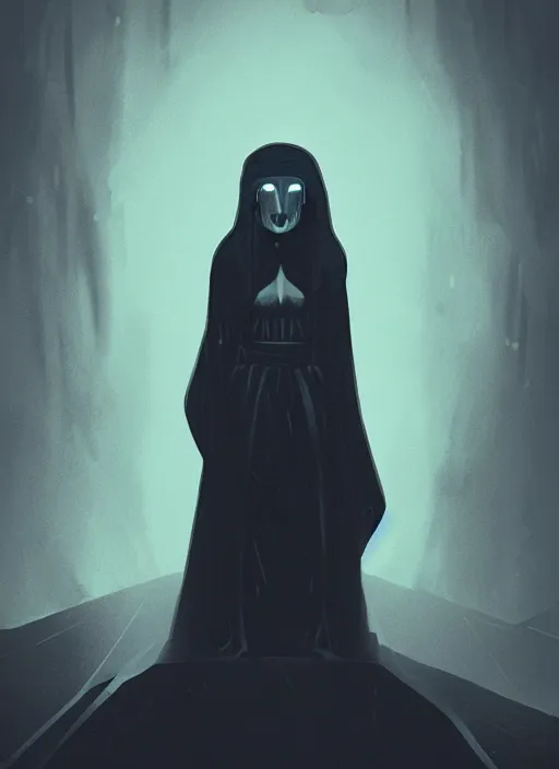 Prompt: a figure wearing a black robe, white glowing eyes, fantasy art, sci - fi, alena aenami and gertrue abercrombie, digital art