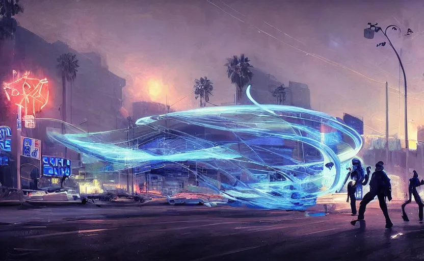 Image similar to people with posters attacking cops, a huge blue spiral - shaped white luminous attractor is floating on the horizon near the sun, stores in los angeles with light screens all over the street, concept art, art for the game, professional lighting, dark night lighting from streetlights, by ilya repin