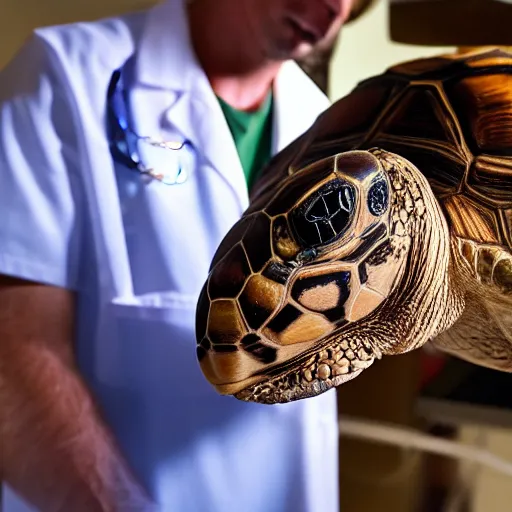 Prompt: doctor using a stethoscope to examine a tortoise under bright operating room lights, closeup, wide angle, backlit