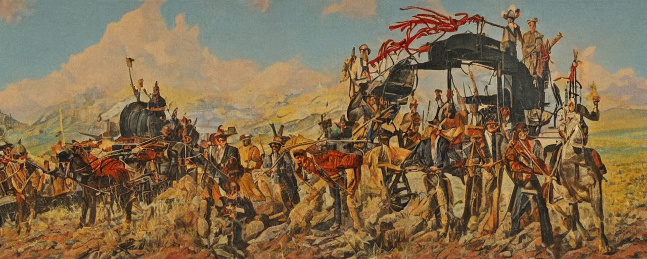 Image similar to western expansion painting, manifest destiny, USA, turn of the century, railroad