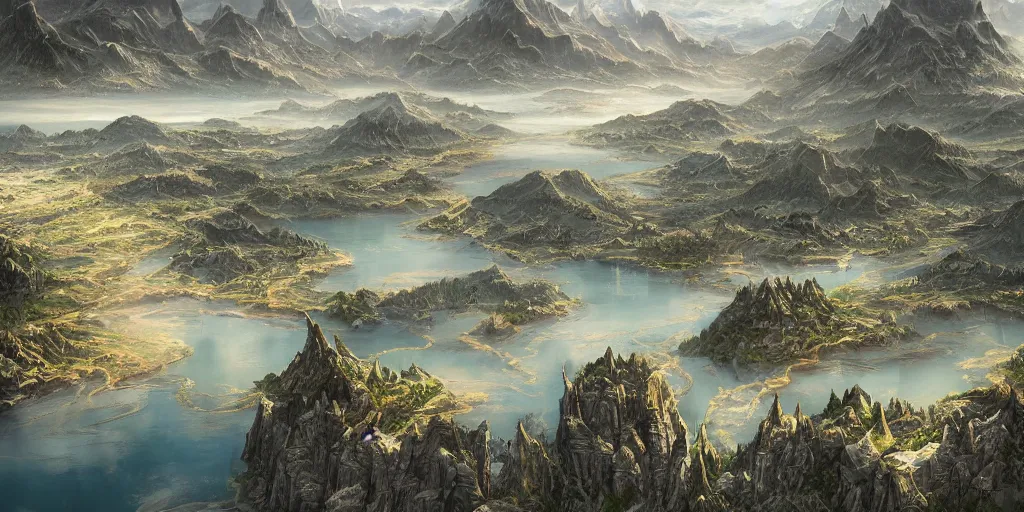 Image similar to fantasy world, in the middle is a huge lake with a little plain around it, behind it are mountains and rivers, intricate, elegant, sharp focus, illustration, highly detailed, concept art, matte, trending on artstation, anime, beautiful sunlight and shadows