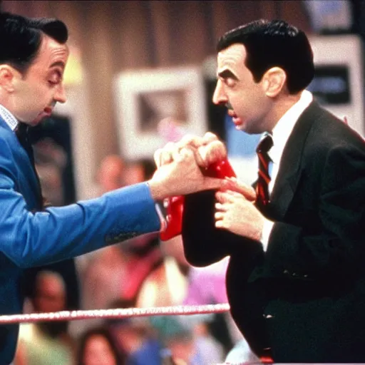 Image similar to Pee Wee Herman fights Mr Bean in WWE, 1990