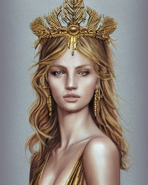 Image similar to tattoo design sketch of hot blonde super model as aphrodite greek goddess wearing a gold laurel wreath and triangle earrings, beautiful piercing gaze with sharp pupils, in the style of greg rutkowski, fantasy, amazing detail, epic, elegant, smooth, sharp focus, front view