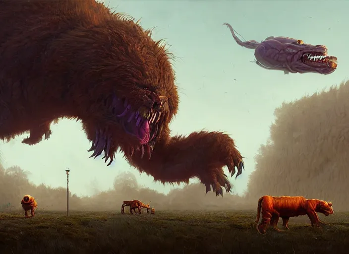 Image similar to giant monstrous aggressive furred creature lurking over a cowering smaller creature, in the foreground a small town, epic science fiction horror digital matte painting by Simon Stalenhag and Mark Brooks (and Greg Rutkowski), extremely detailed, artstation