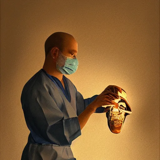 Prompt: A surgeon operating on the head of a patient, dramatic lighting, digital art