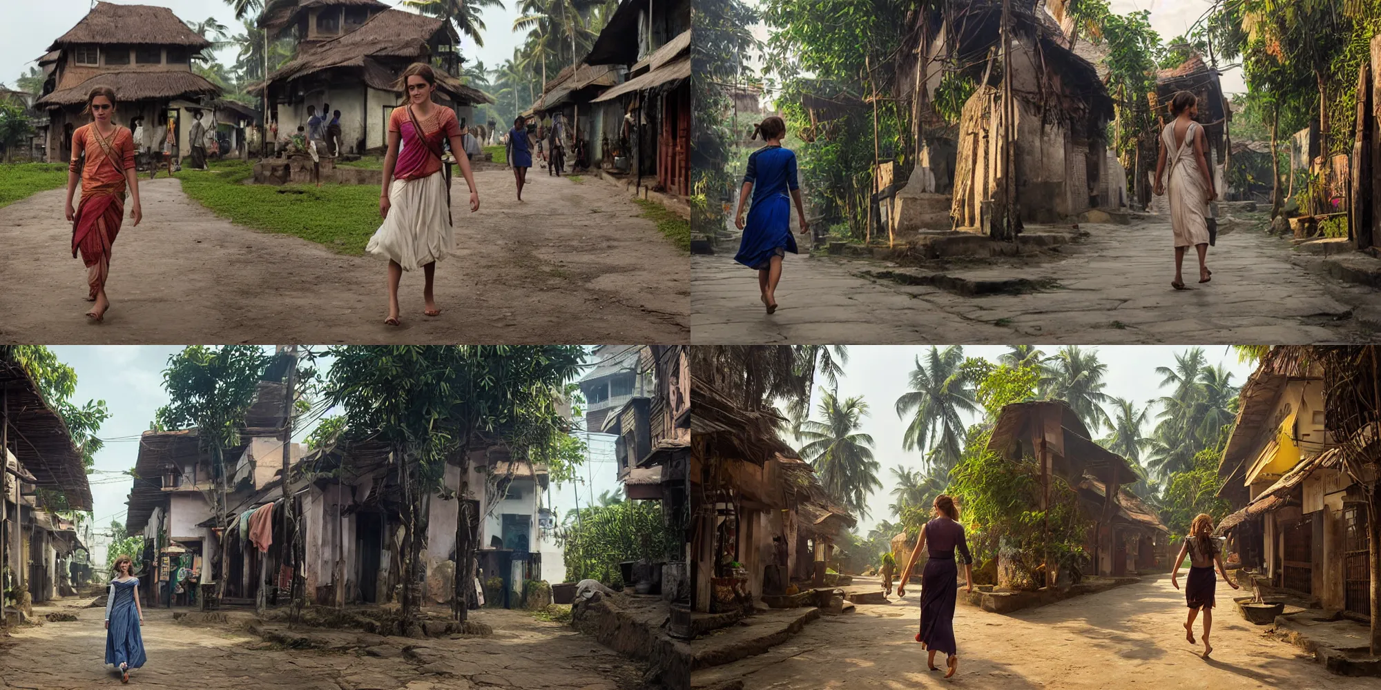 Prompt: emma watson walking in the steets of a kerala village, cinematic, ultra realistic, volumetric lighting, hdr