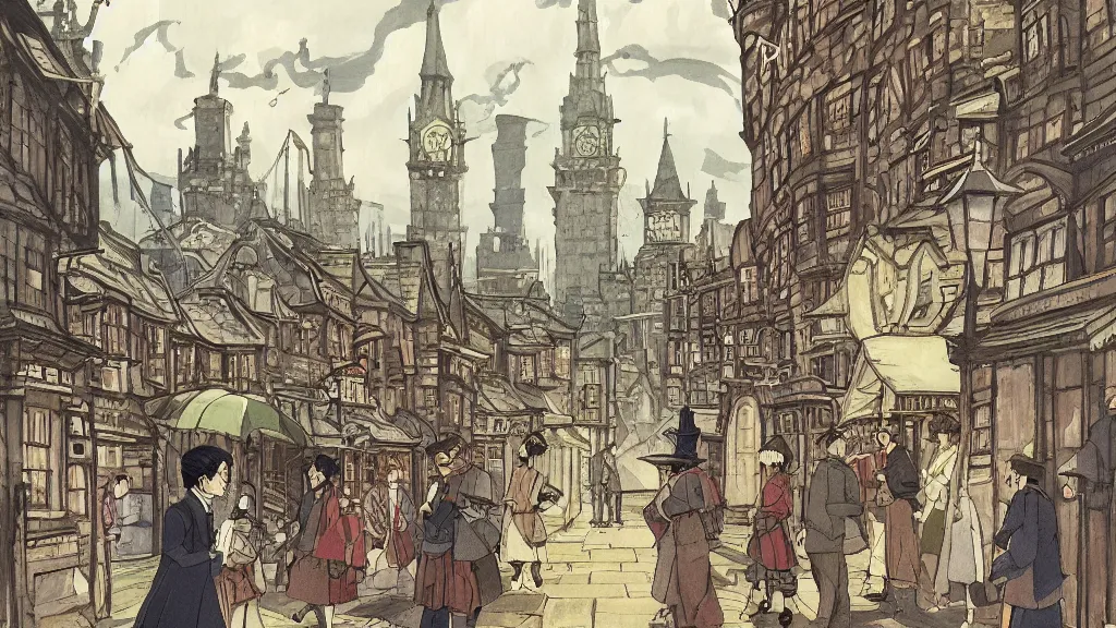 Image similar to victorian london, anime background, interior, gouache, hand painted, in the style of kazuo oga, studio ghibli