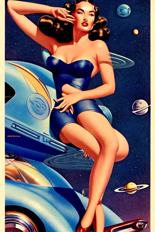 Image similar to beautiful retro space megan fox varga girl sitting on a space car in diesel punk city, windblown dark hair, retro pinup model, seductive, 1 9 4 0, glamour pose, intricate, smoke, hyper detailed, digital art, smooth, sharp focus, alberto vargas, gil elvgren, greg rutkowski, propaganda poster