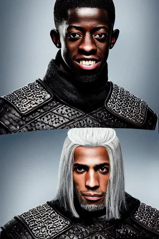 Prompt: Ousmane Dembélé from Barcelona as Geralt of Rivia fromThe Witcher, white hair